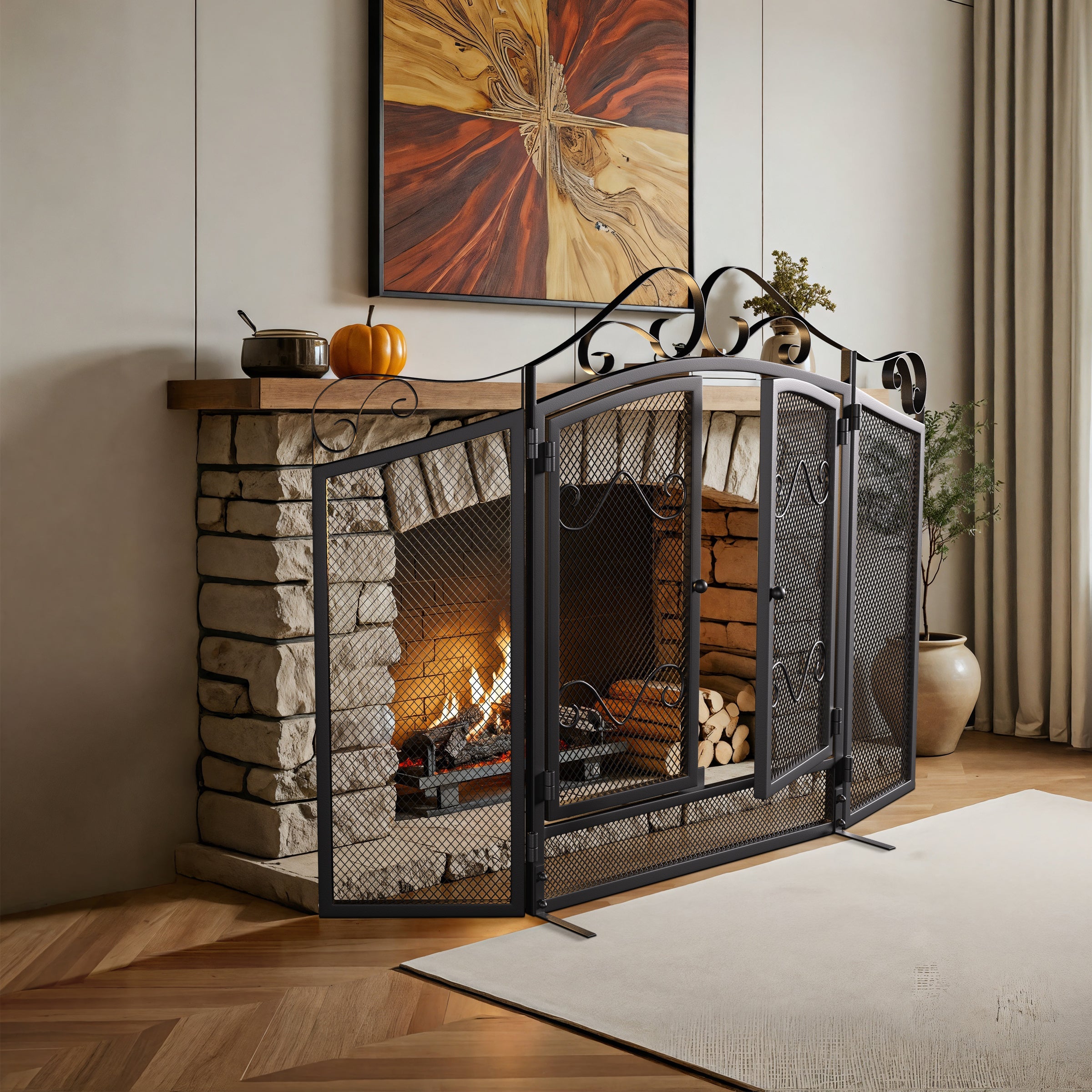 Iron Fireplace Screen Black Powder Coated – 114.7x84x16.5cm