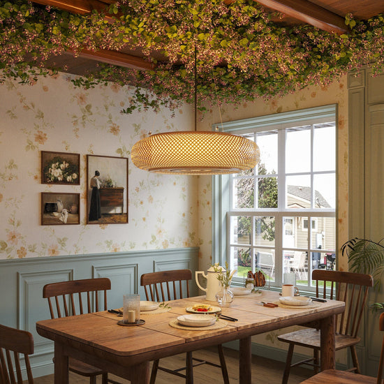 handwoven bamboo pendant light in a bright dining room