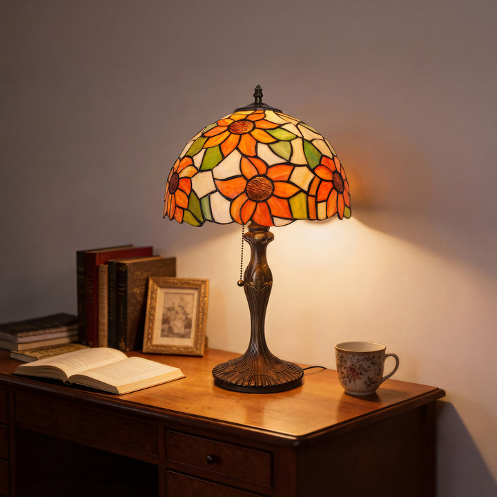 Tiffany Table Lamp | Handcrafted Stained Glass Floral Petals Series White and Green