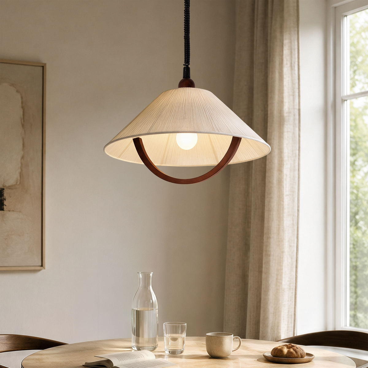 natural wood curved pendant light in a warm living room
