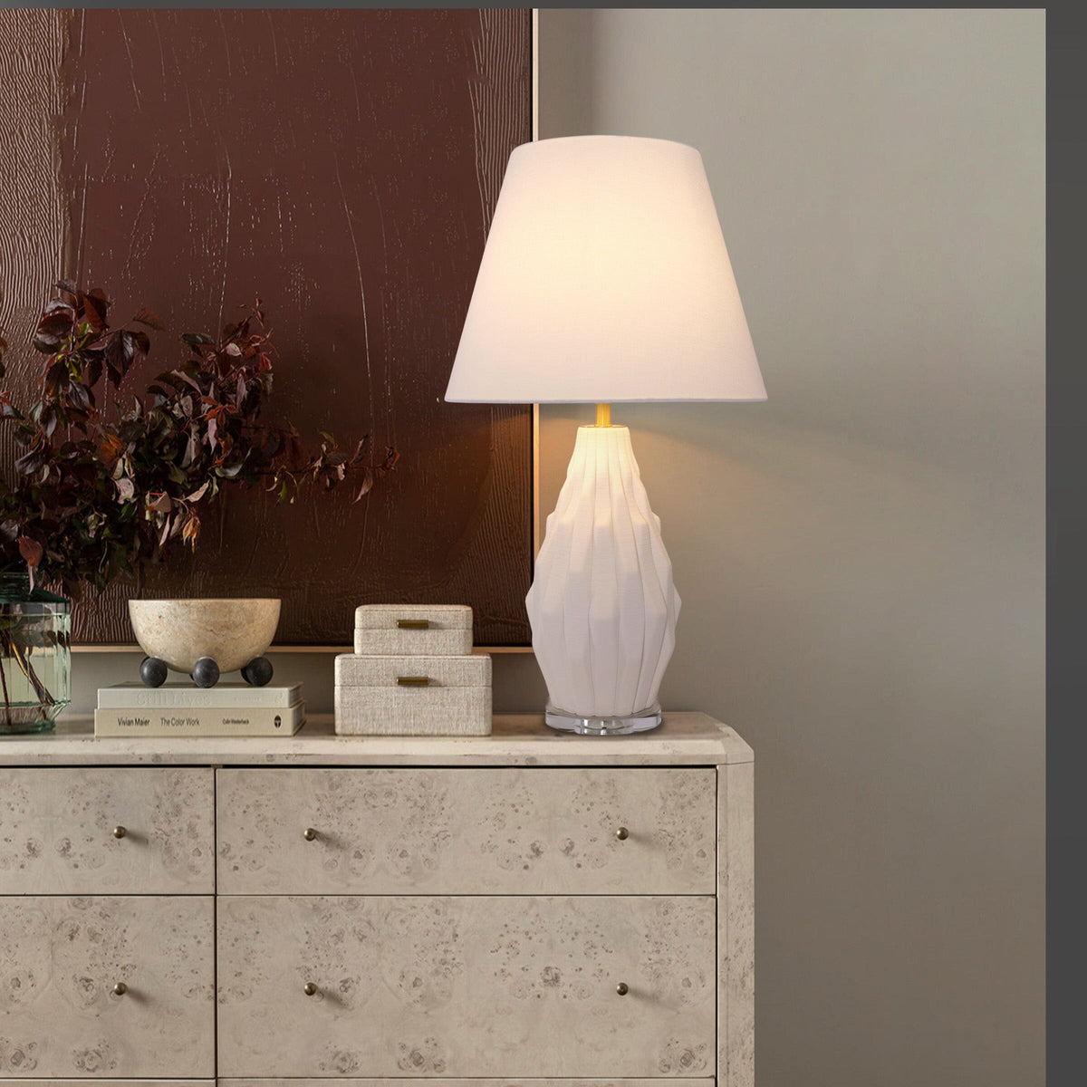Lightsin 3D Pure White Polygonal Textured Ceramic Table Lamp with Fabric Shade Lightsin UK L