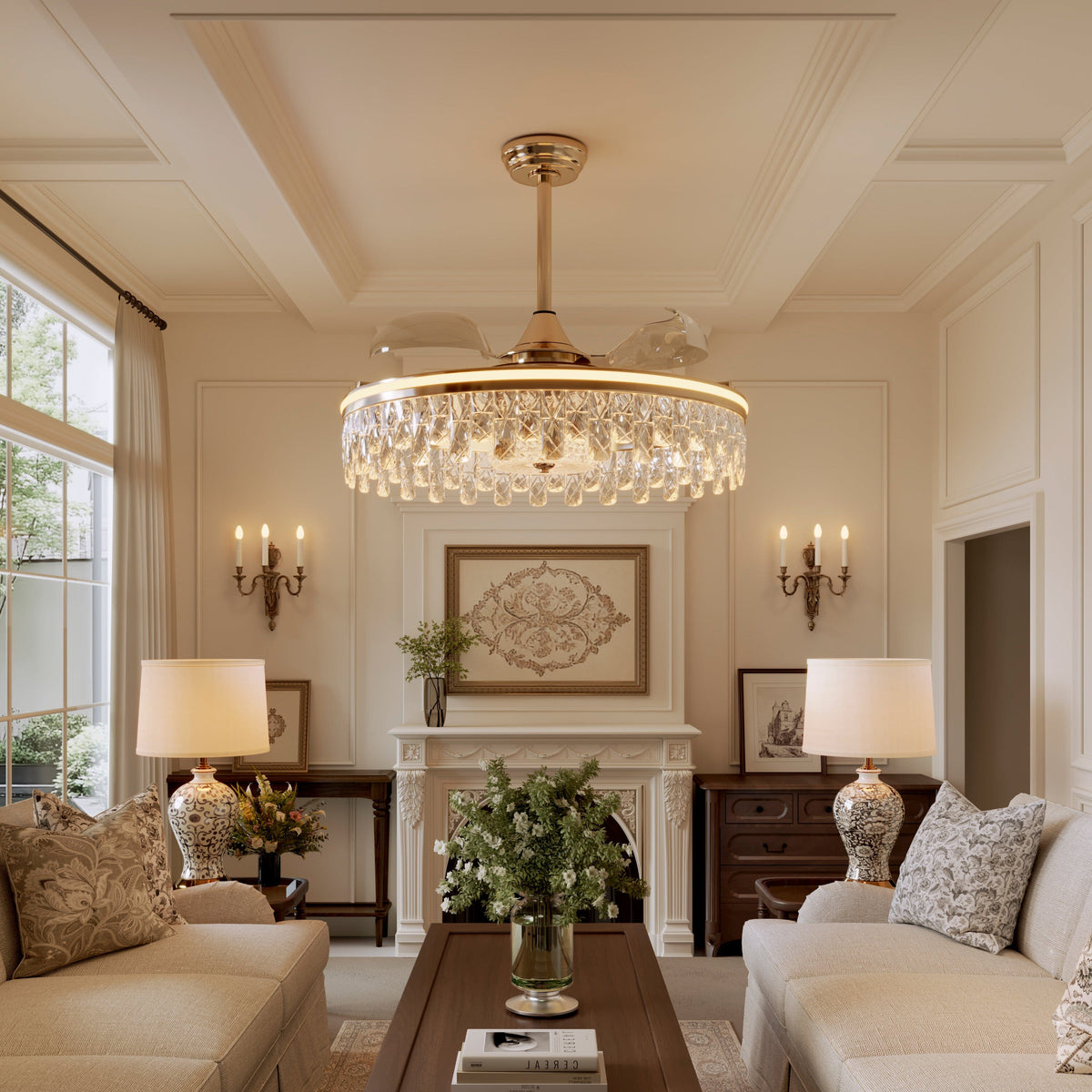 Gold ceiling fan with crystal light and compact 60cm ceiling design