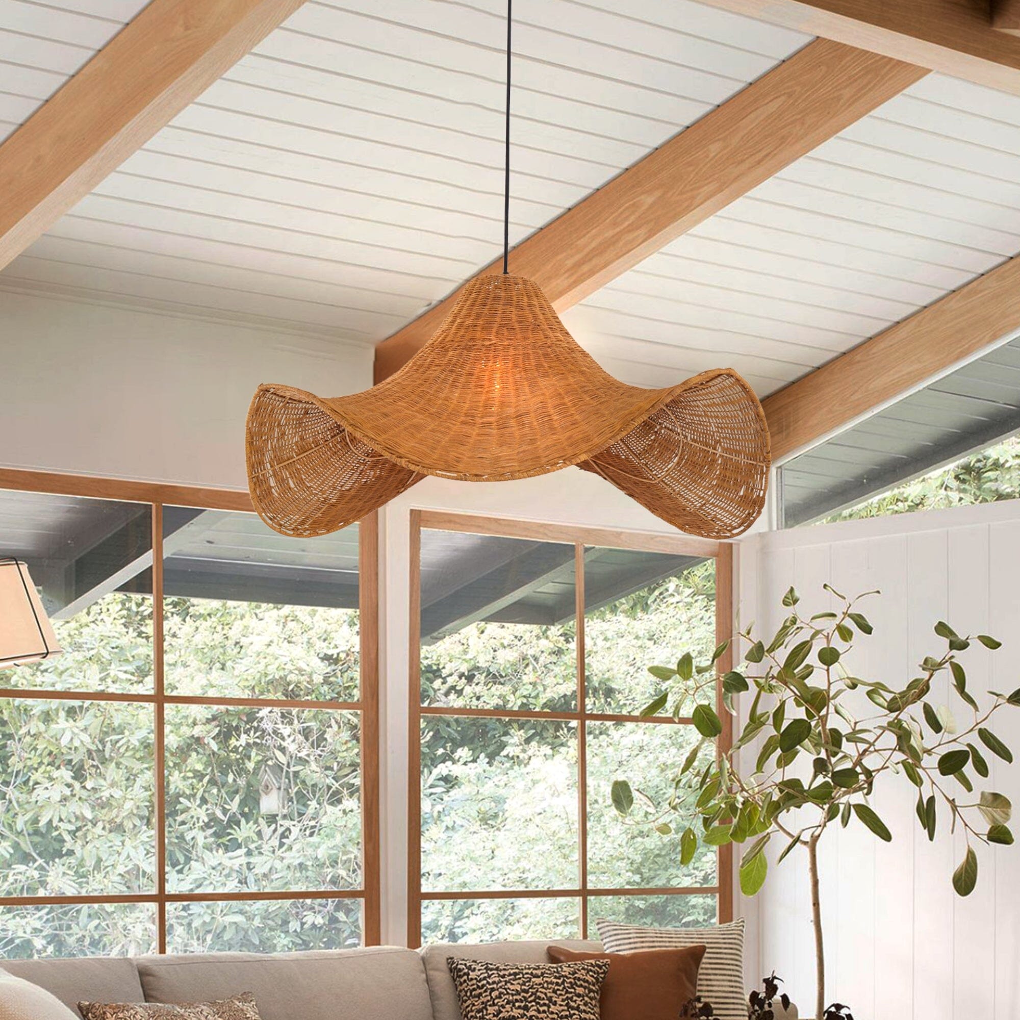 Living Nest UK Natural & White Hat-Shaped Handwoven Rattan Pendant Light Living Nest UK