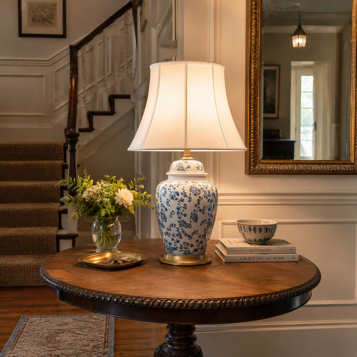 blue floral ceramic table lamp on a round hall table near a staircase