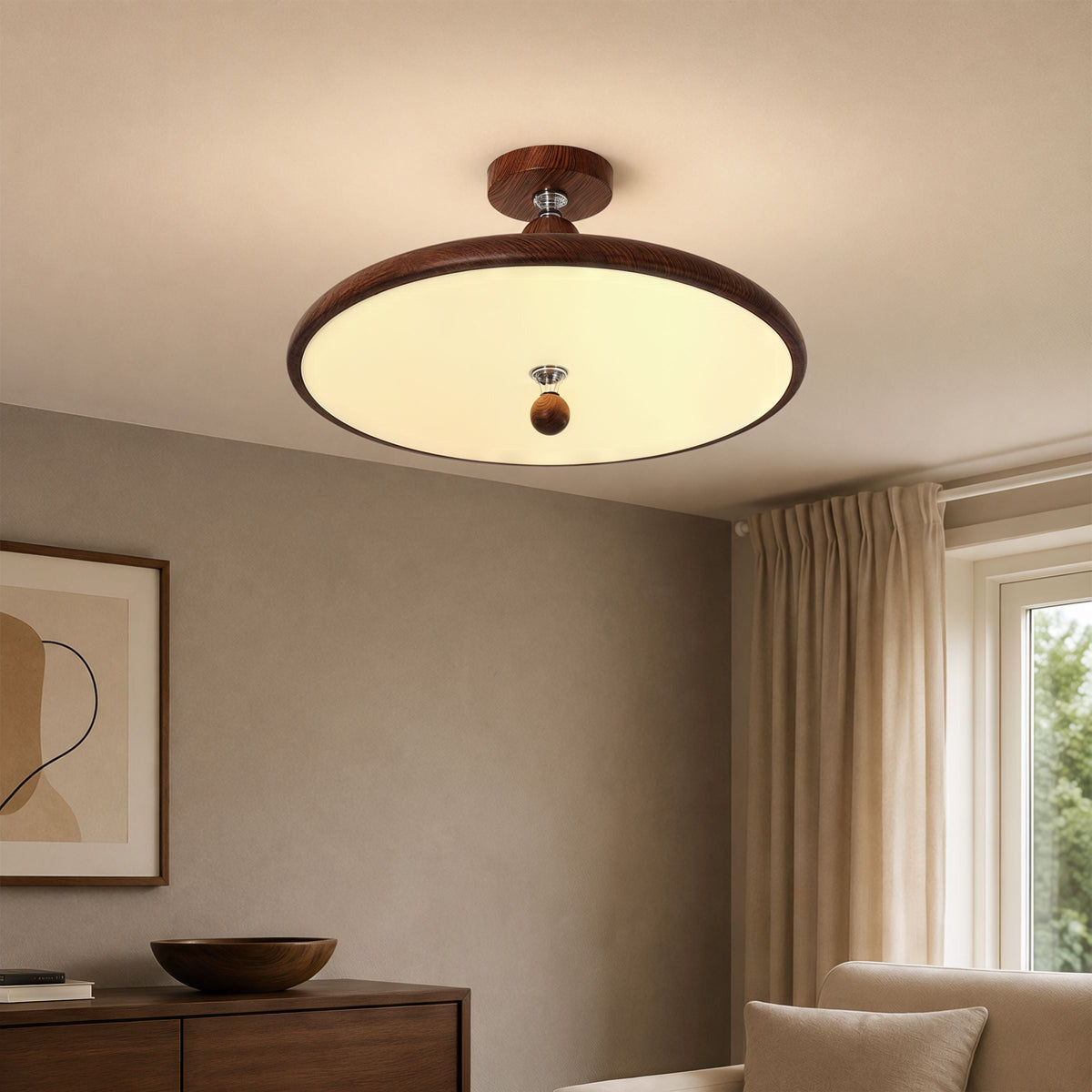 walnut two-globe flush ceiling light brightening a living room