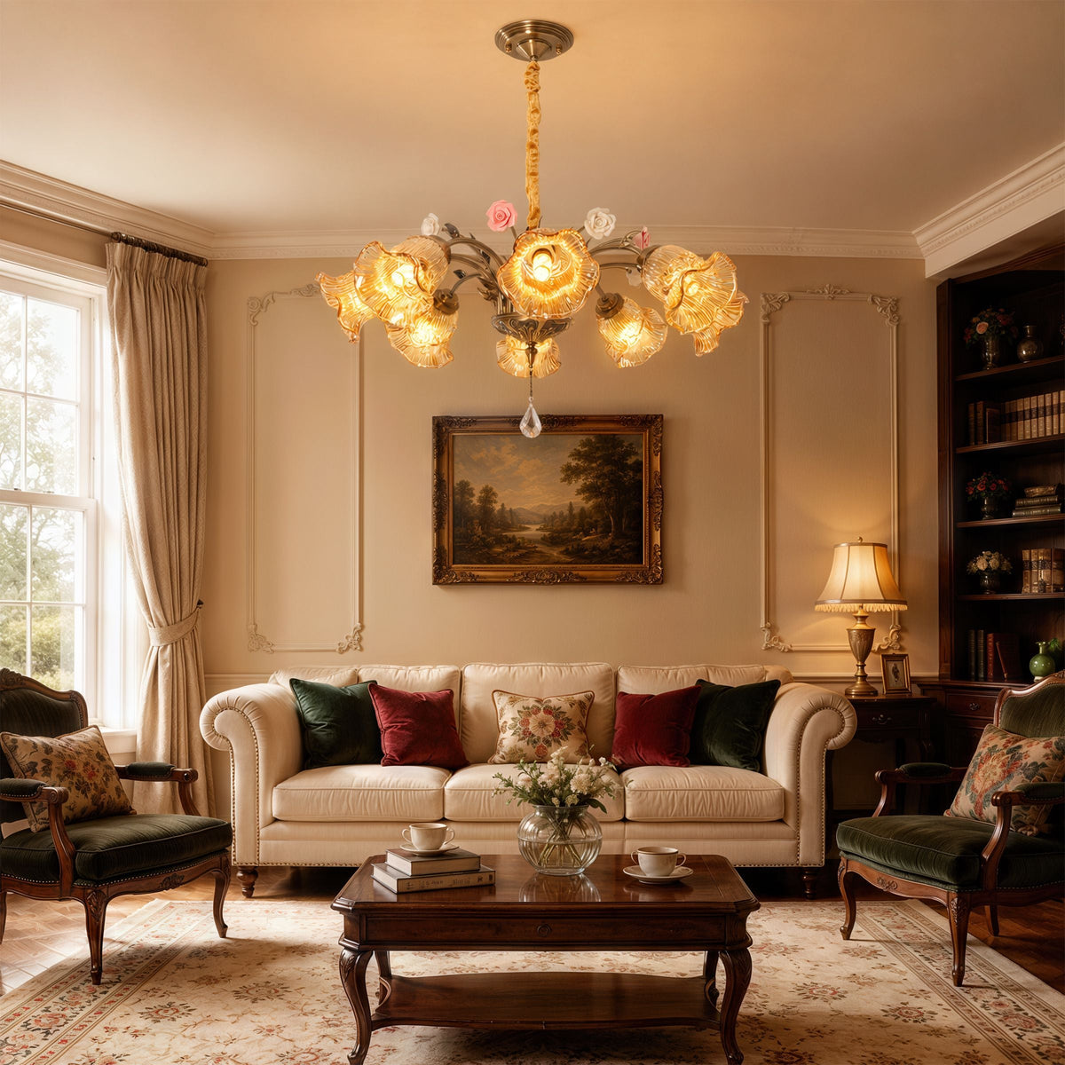 antique bronze chandelier with amber flower shades with close-up glass flower detail