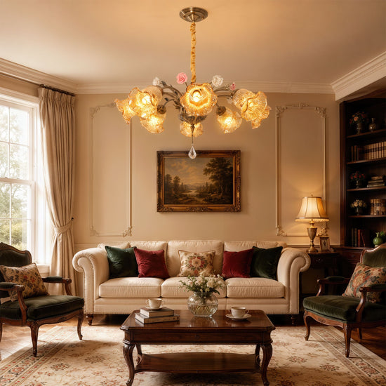 antique bronze chandelier with amber flower shades with close-up glass flower detail