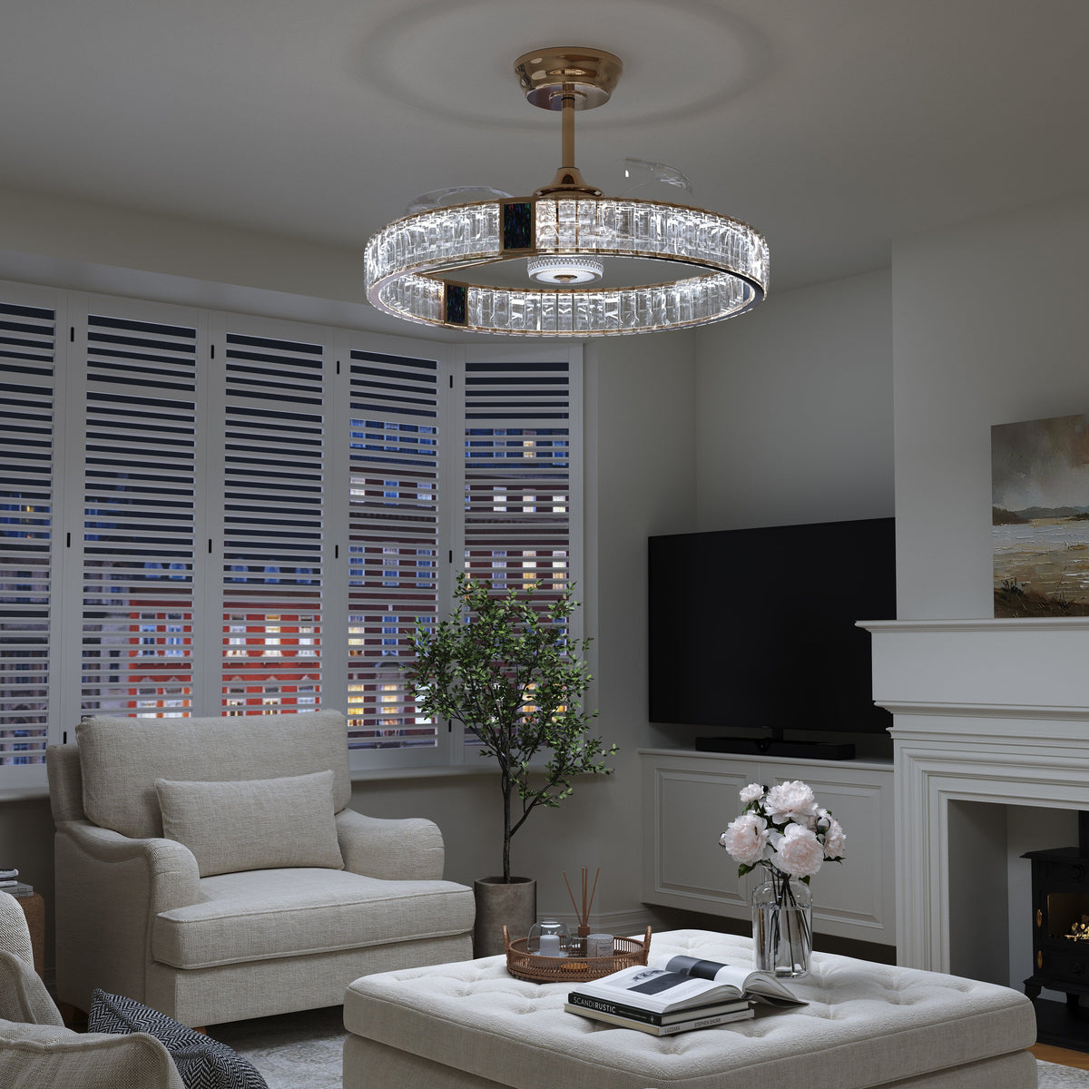 Gold crystal ceiling fan with LED light in a modern living room setting