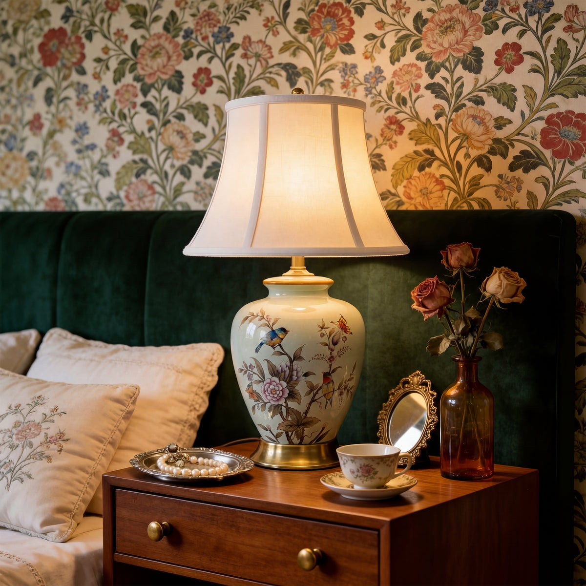 Hand-Painted Vintage Ceramic Bird & Floral Table Lamp in Soft Celadon Green for Living Room, Bedroom