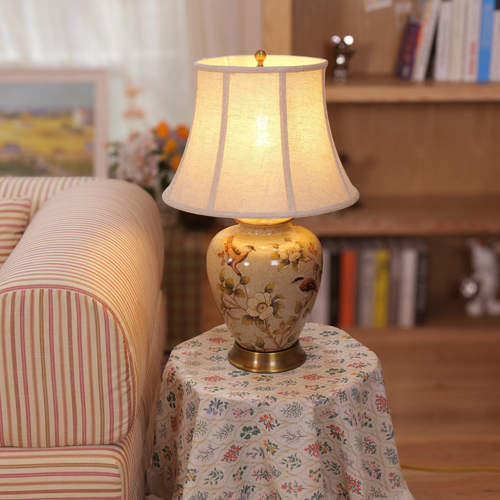 Vintage Ceramic Bird-Pattern Table Lamp with Fabric Shade