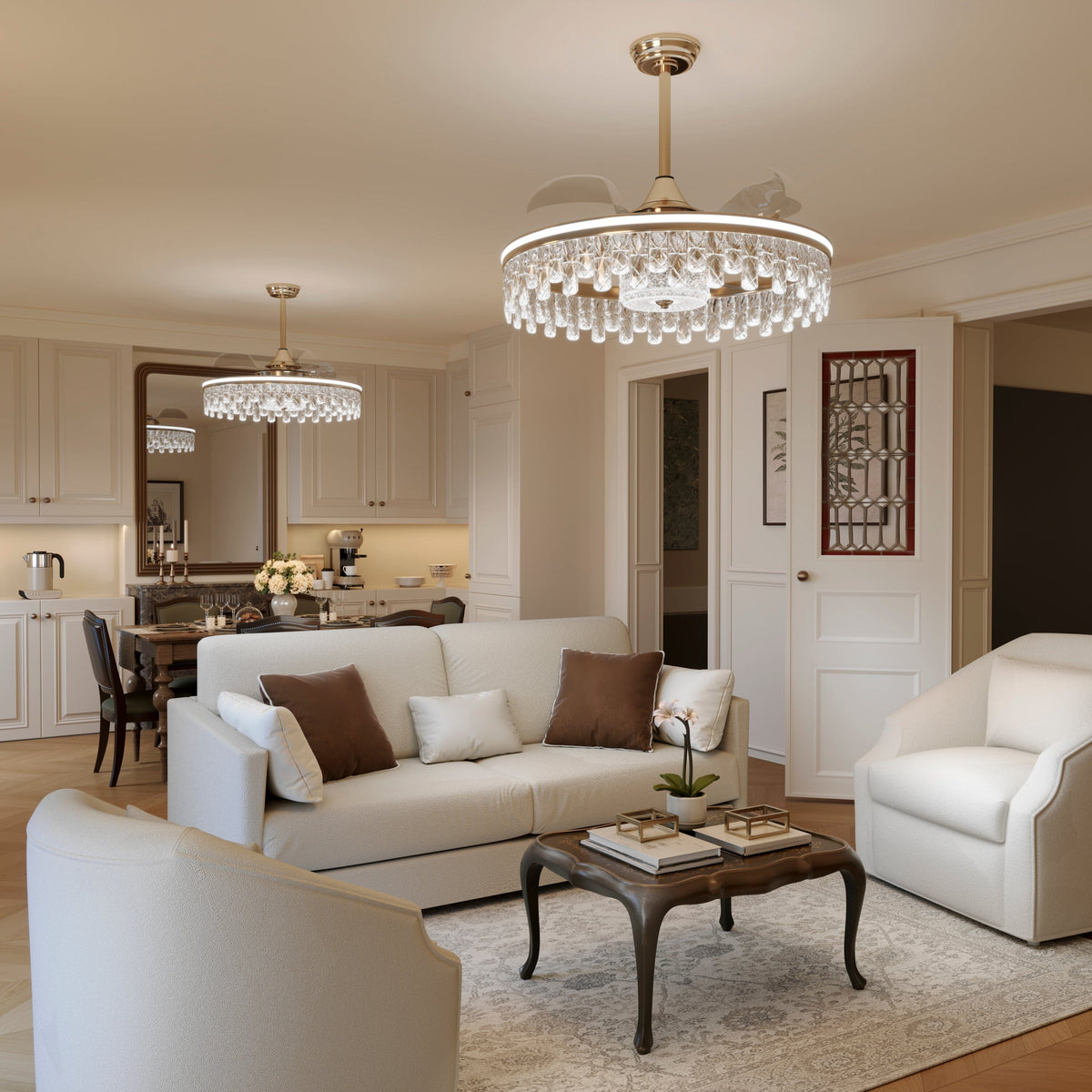 60cm modern gold crystal fan light with decorative chandelier-style detail