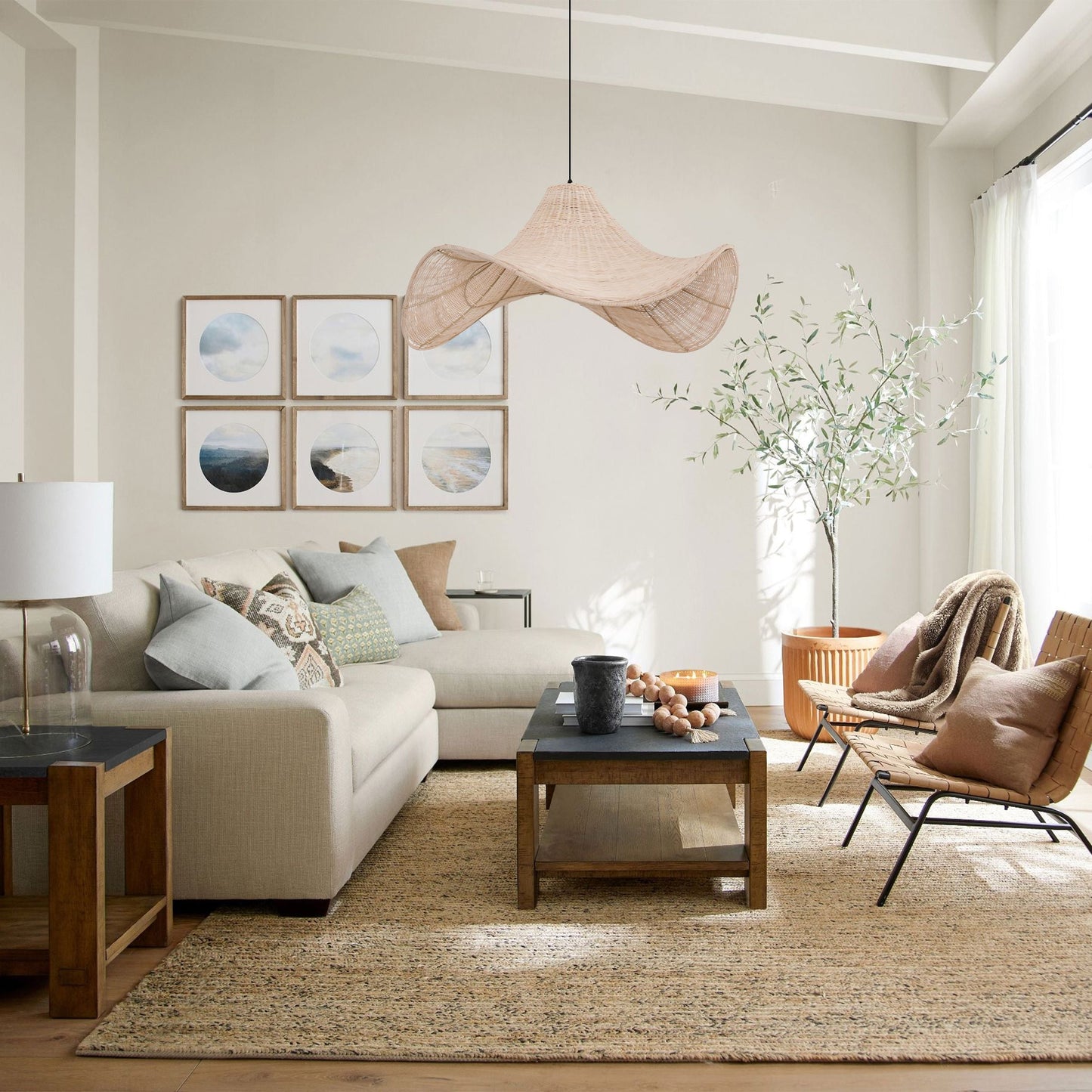 Living Nest UK Natural & White Hat-Shaped Handwoven Rattan Pendant Light Living Nest UK