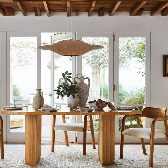 Large Wood Veneer LED Pendant Ceiling Light for Dining & Living Rooms