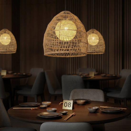 Rattan pendant lights with inner spheres in a warm restaurant setting