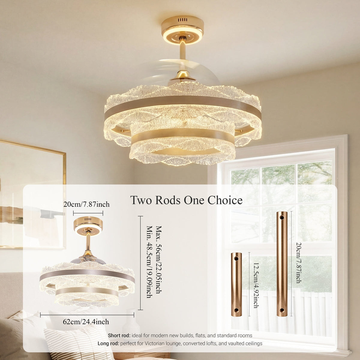 Gold crystal ceiling fan light with two downrod options for different room heights