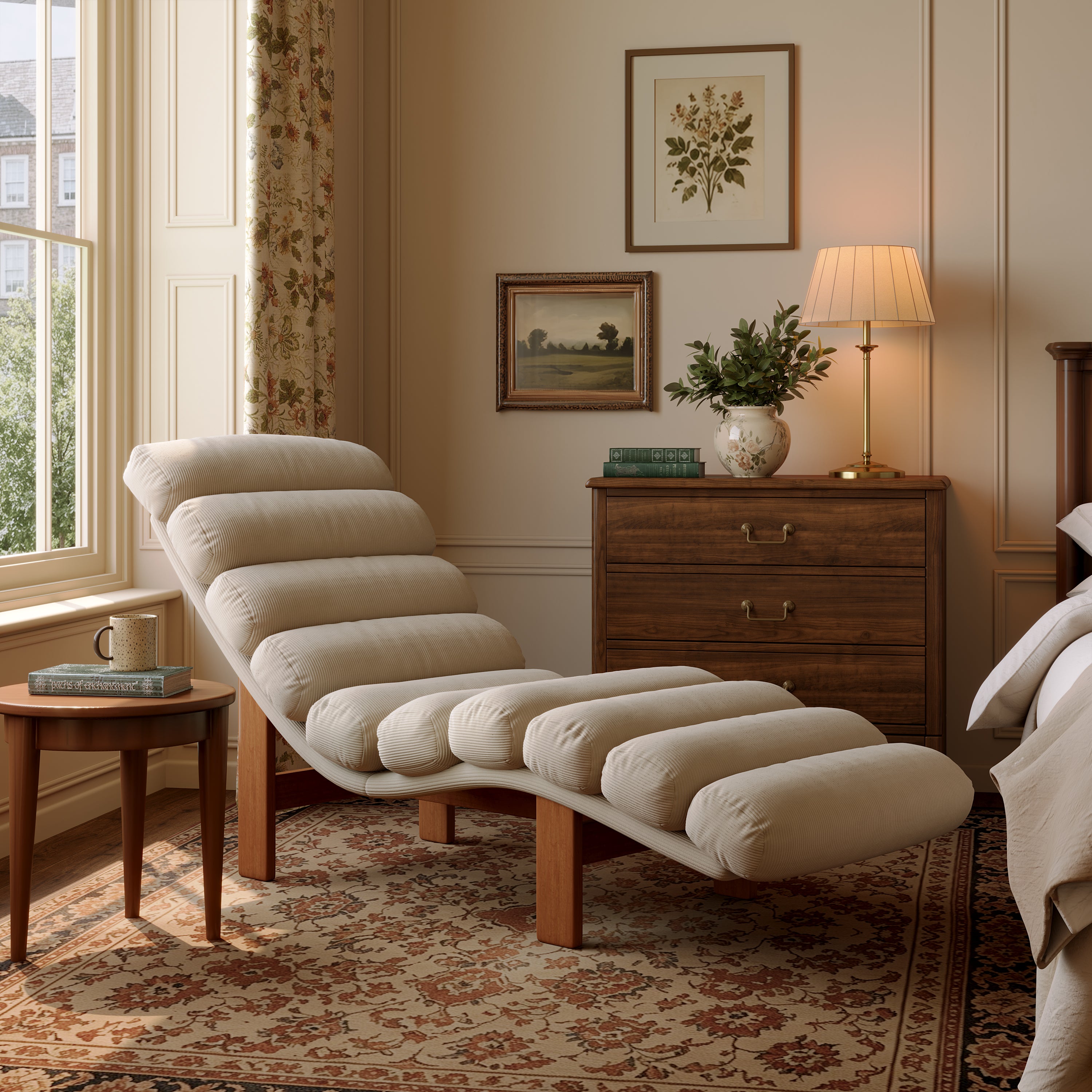 Modern Ergonomic Corduroy Chaise Lounge with Natural Wooden Frame
