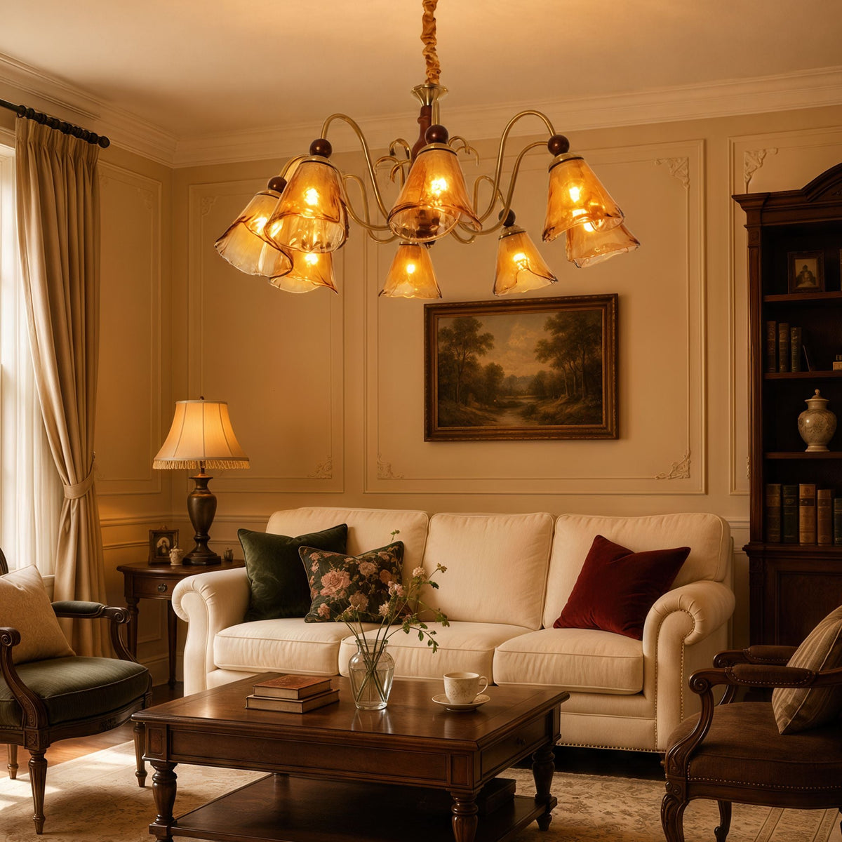 8-light walnut chandelier with amber cut glass shades with close-up glass flower detail