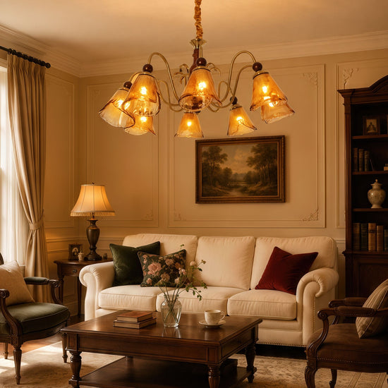8-light walnut chandelier with amber cut glass shades with close-up glass flower detail