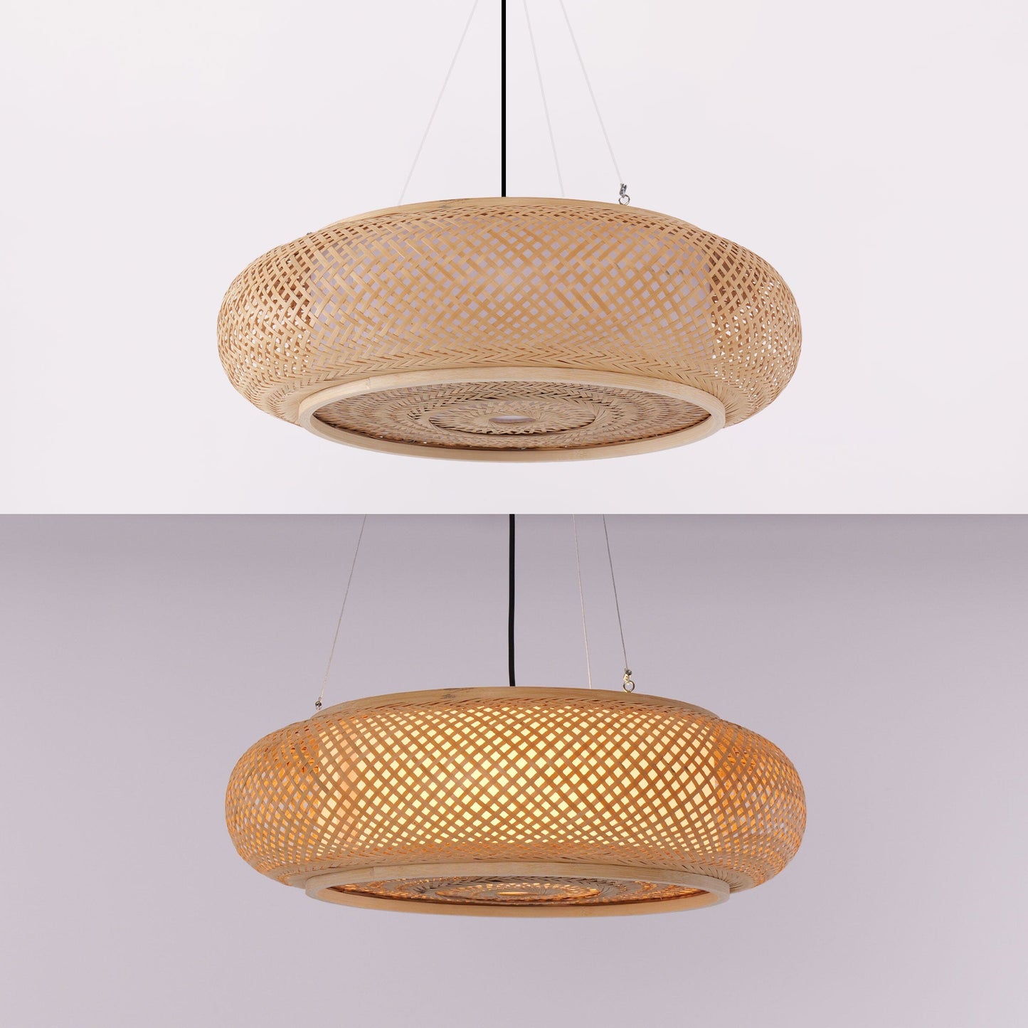 two bamboo pendant light shade options on a white background