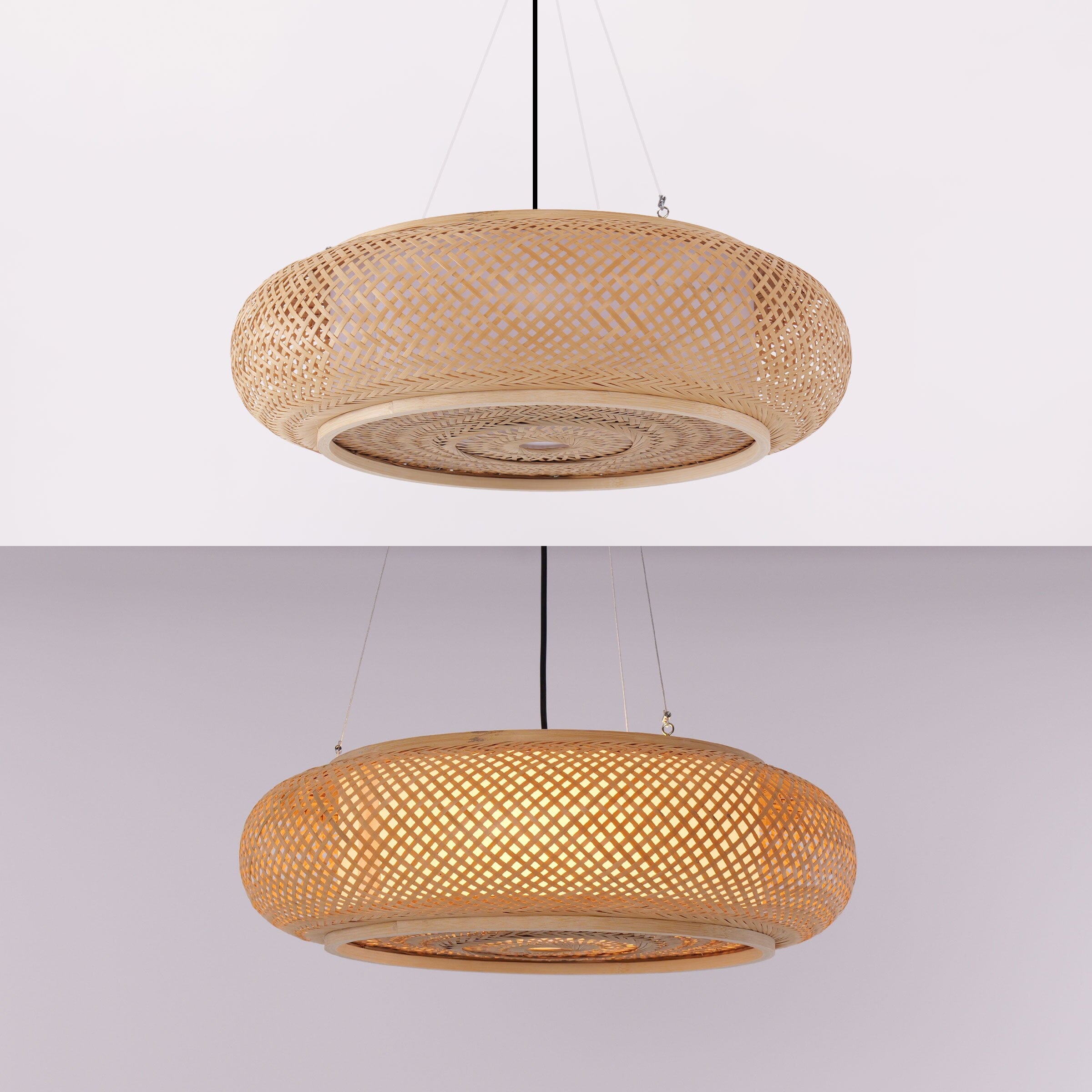 two bamboo pendant light shade options on a white background