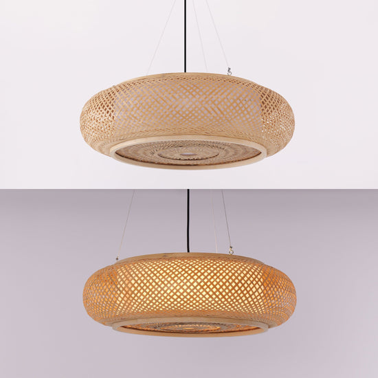 two bamboo pendant light shade options on a white background