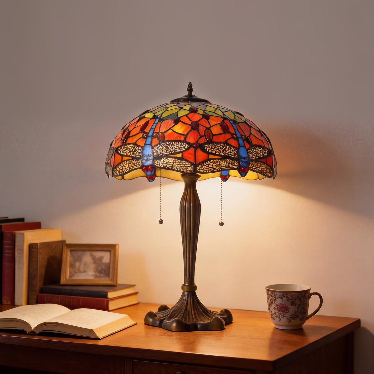 Tiffany Table Lamp | Handcrafted Stained Glass Dragonfly Series Blue Dragonfly