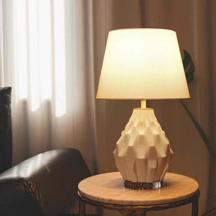 Lightsin 3D Pure White Polygonal Textured Ceramic Table Lamp with Fabric Shade Lightsin UK