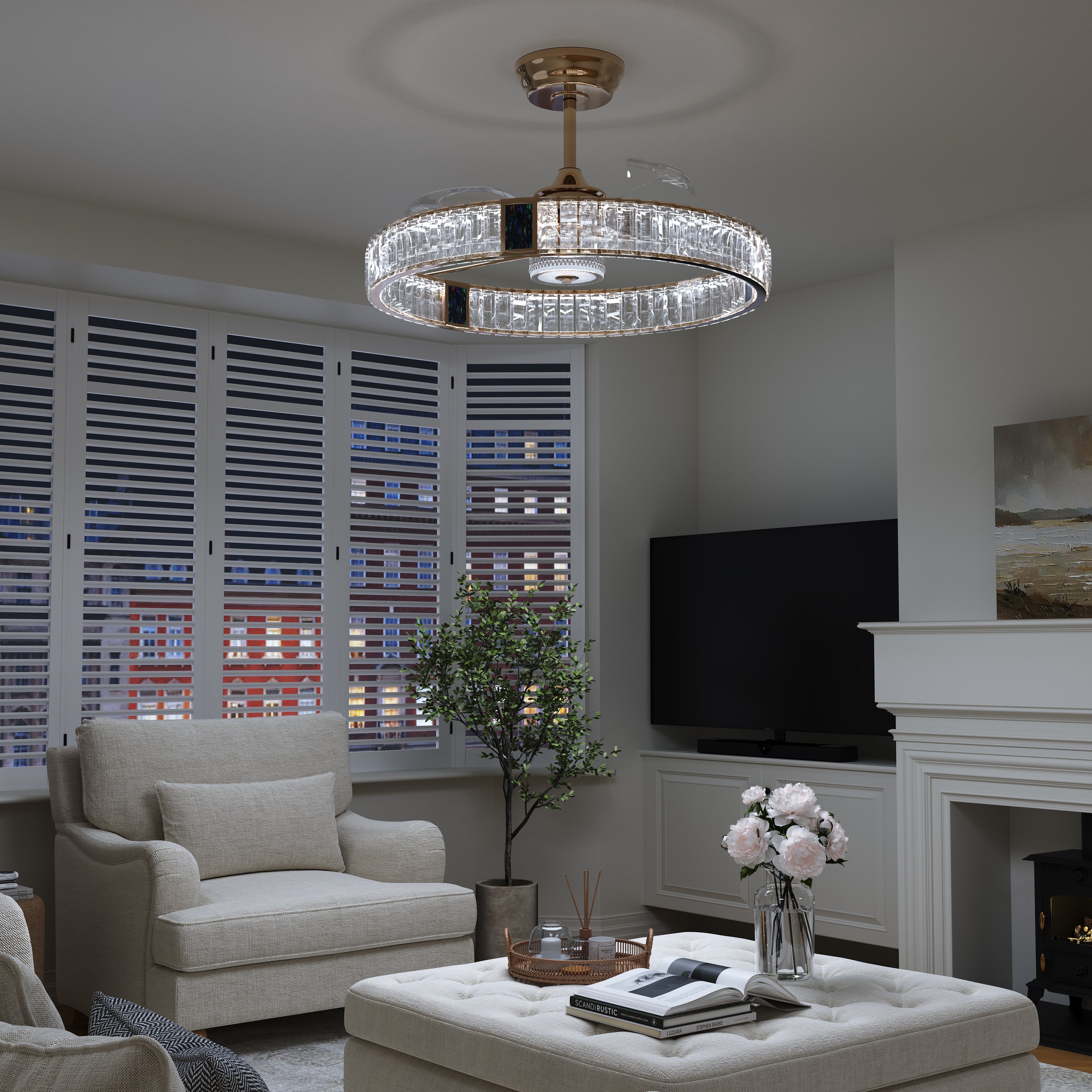 Gold crystal ceiling fan with LED light in a modern living room setting