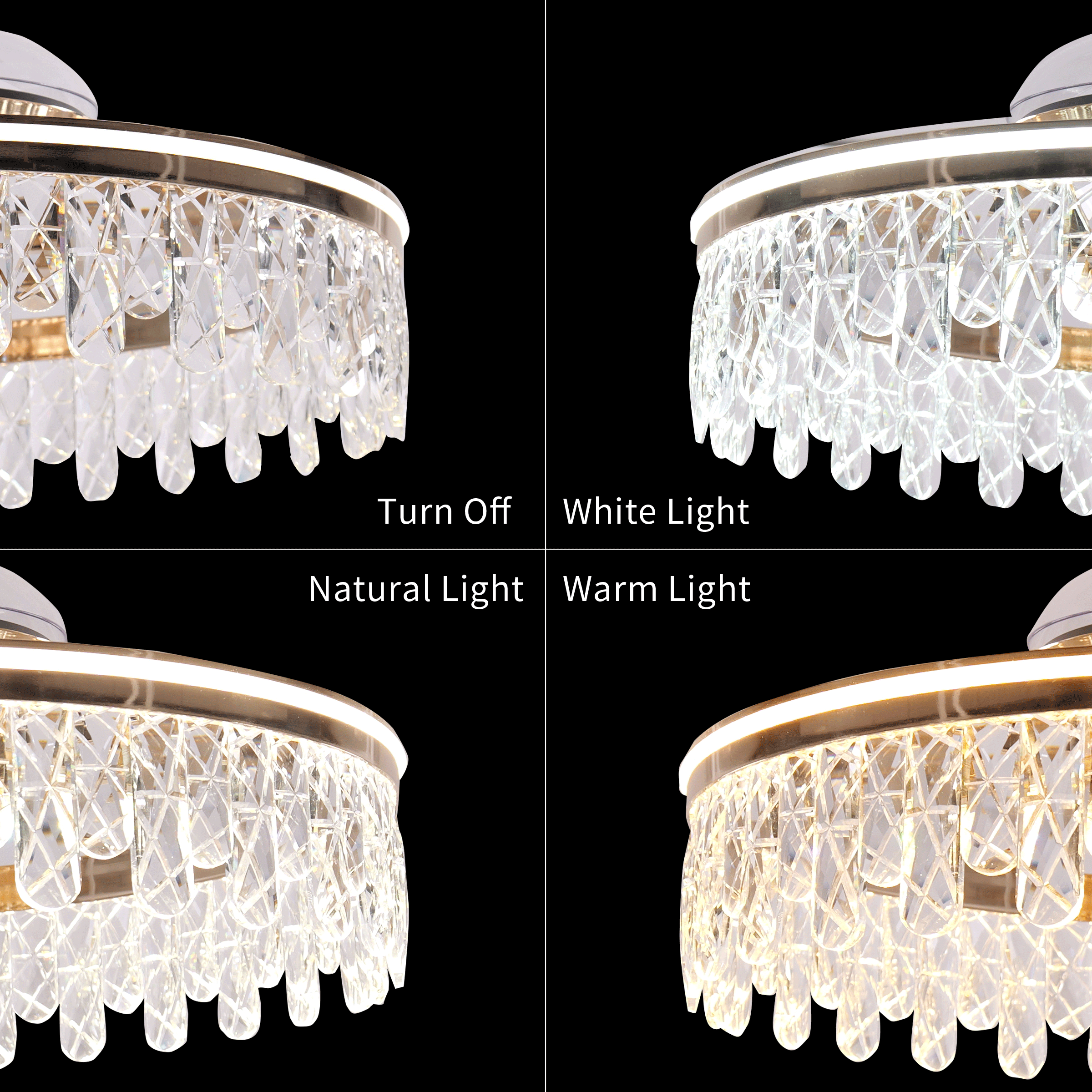 Modern gold crystal ceiling fan light GIF showing airflow function
