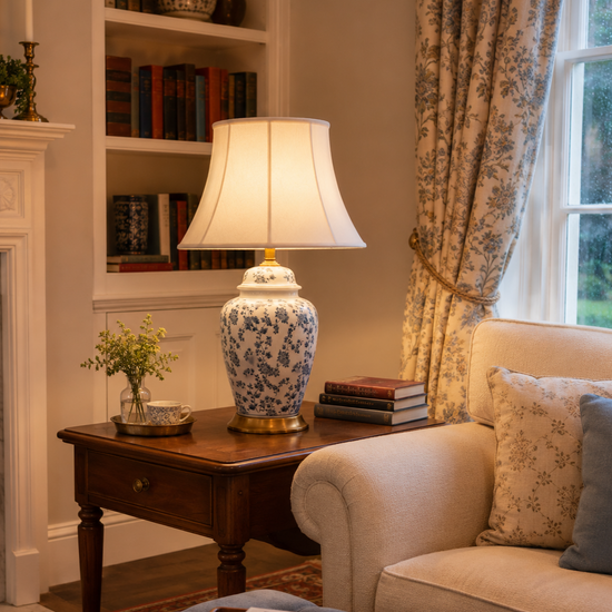 blue floral ceramic table lamp on a side table near bookshelves and soft seating