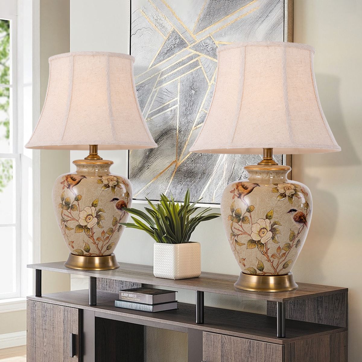 Living Nest UK Vintage Ceramic Bird-Pattern Table Lamp with Fabric Shade Living Nest UK