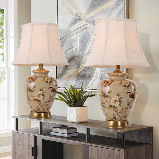 Living Nest UK Vintage Ceramic Bird-Pattern Table Lamp with Fabric Shade Living Nest UK
