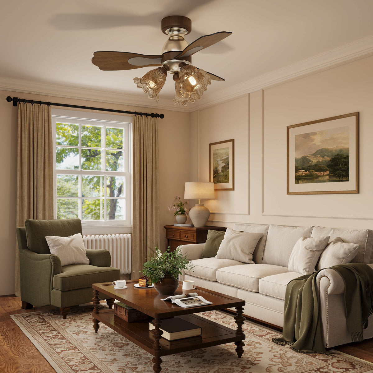 36 inch reversible ceiling fan with LED light shown from below with LED light on
