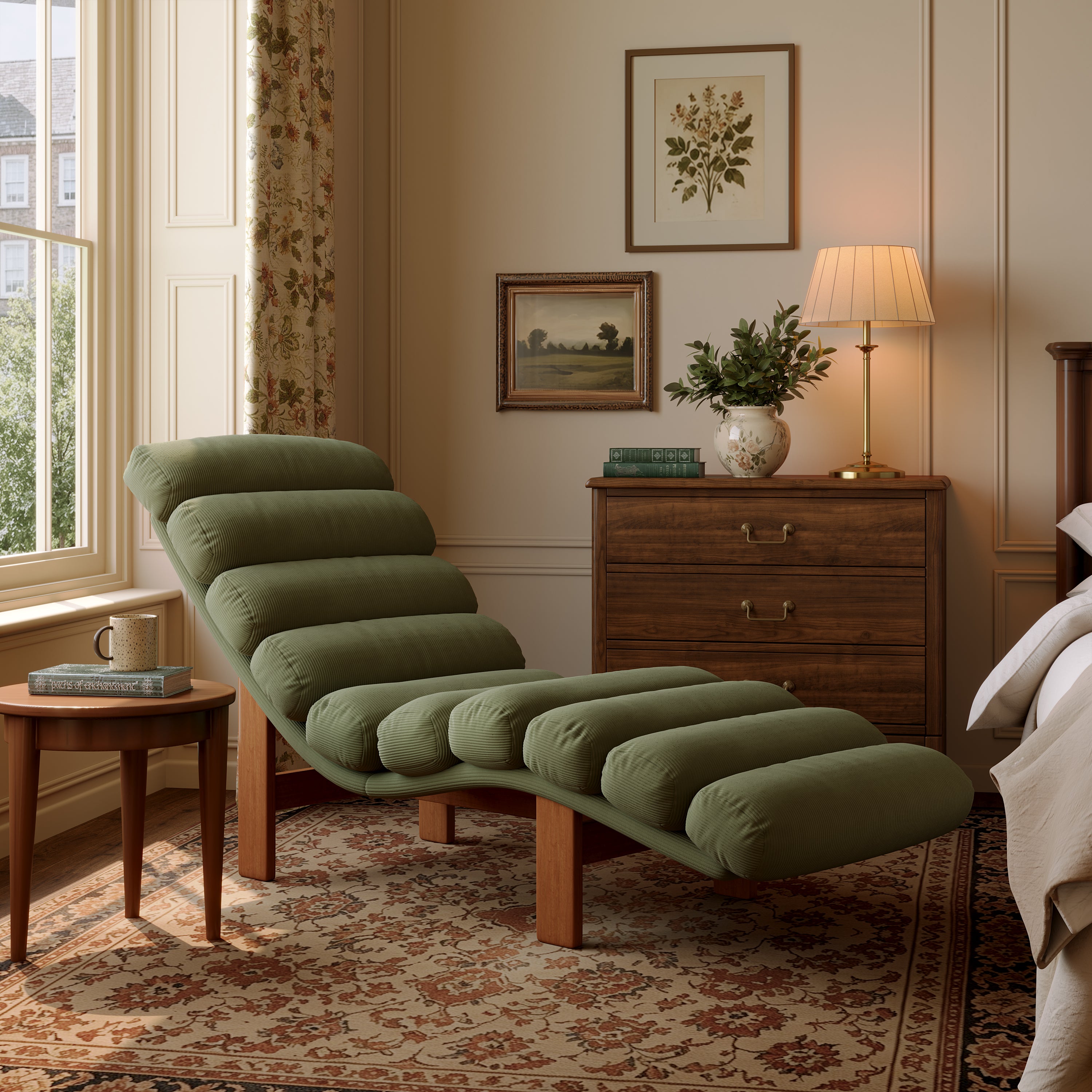 Modern Ergonomic Corduroy Chaise Lounge with Natural Wooden Frame