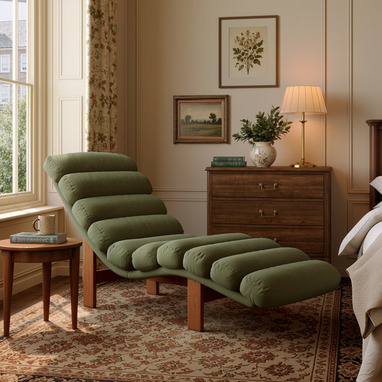 Modern Ergonomic Corduroy Chaise Lounge with Natural Wooden Frame