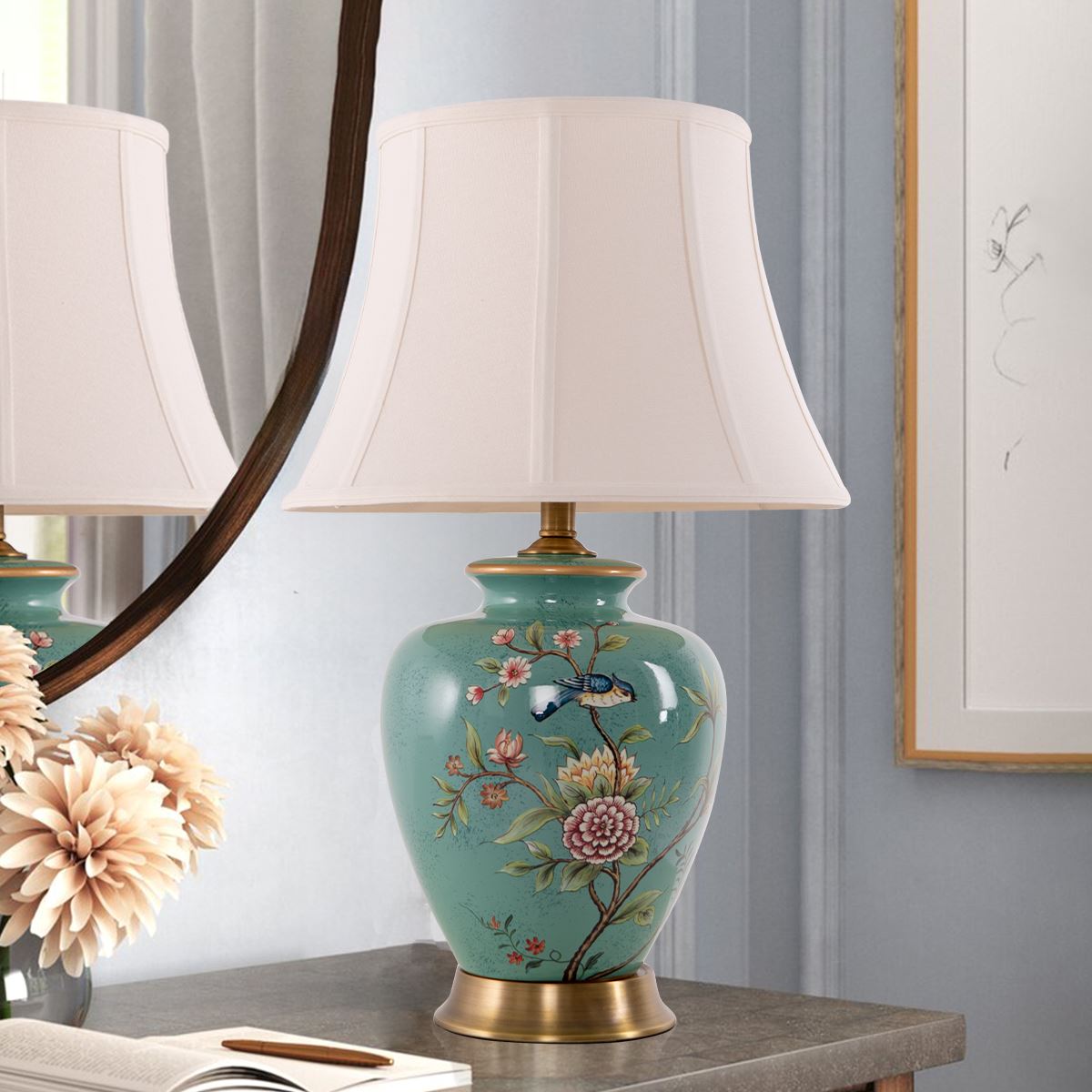 Living Nest UK Vintage Green Floral Ceramic Table Lamp with Fabric Shade Living Nest UK