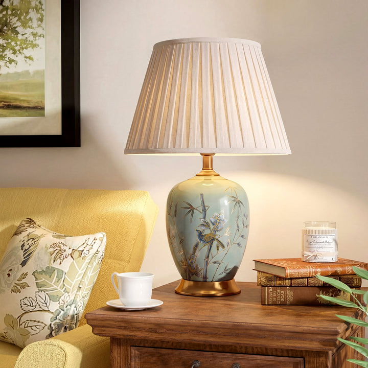 Green Bamboo & Bird Ceramic Table Lamp with Seamless Dimming