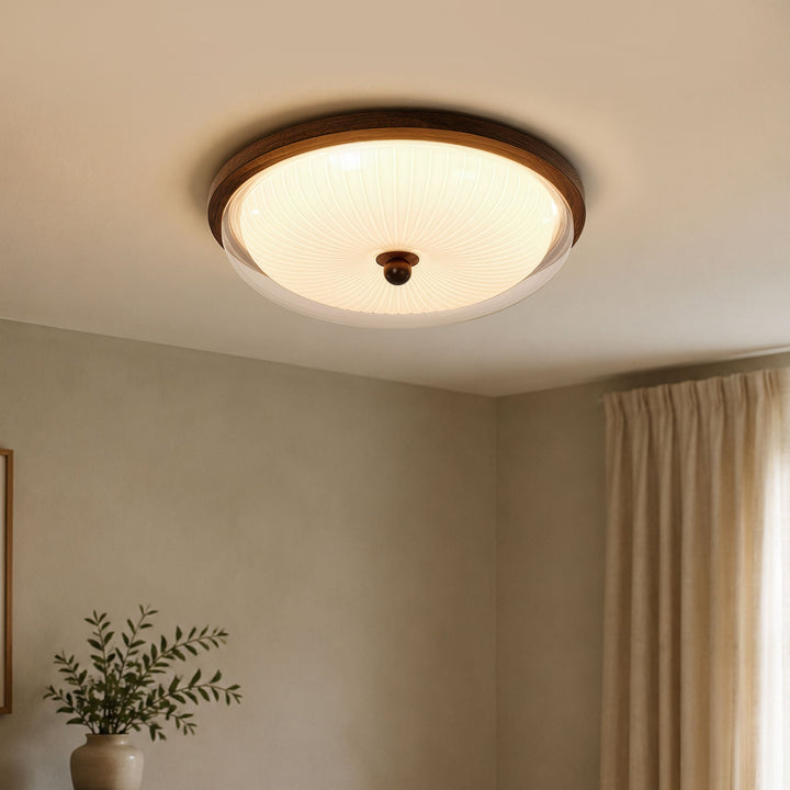 walnut ribbed acrylic ceiling light mounted close to the ceiling