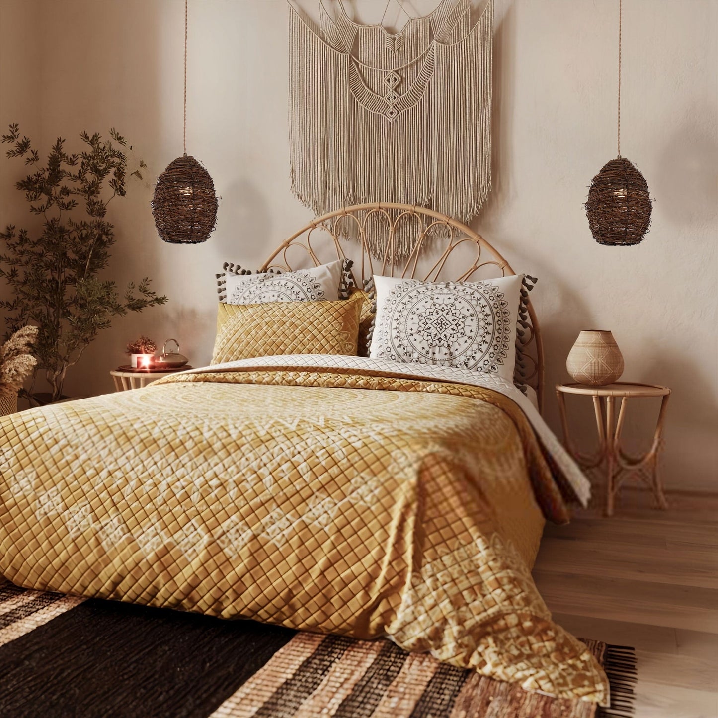 Living Nest UK Handcrafted Rustic Woven Rattan and Iron Pendant Light Living Nest UK