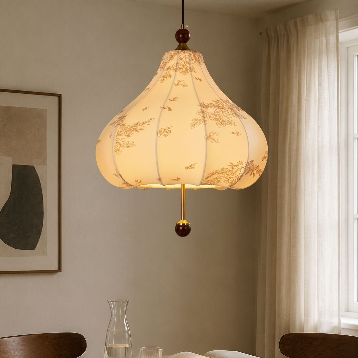 yellow floral fabric pendant light with shade and canopy details