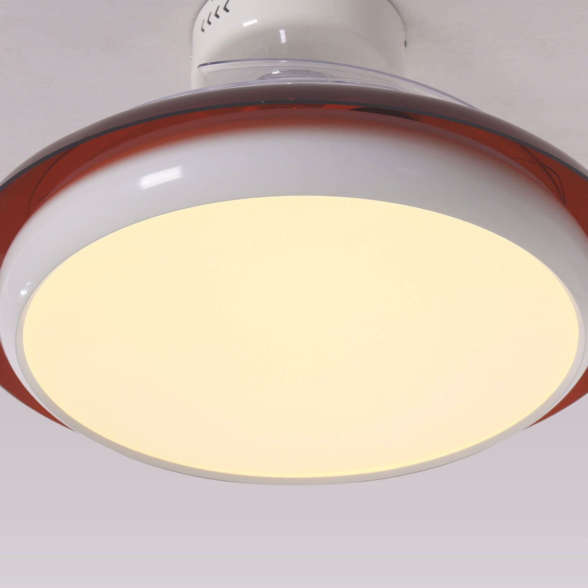 36 inch ceiling fan with dimmable LED light shown from below with LED light on
