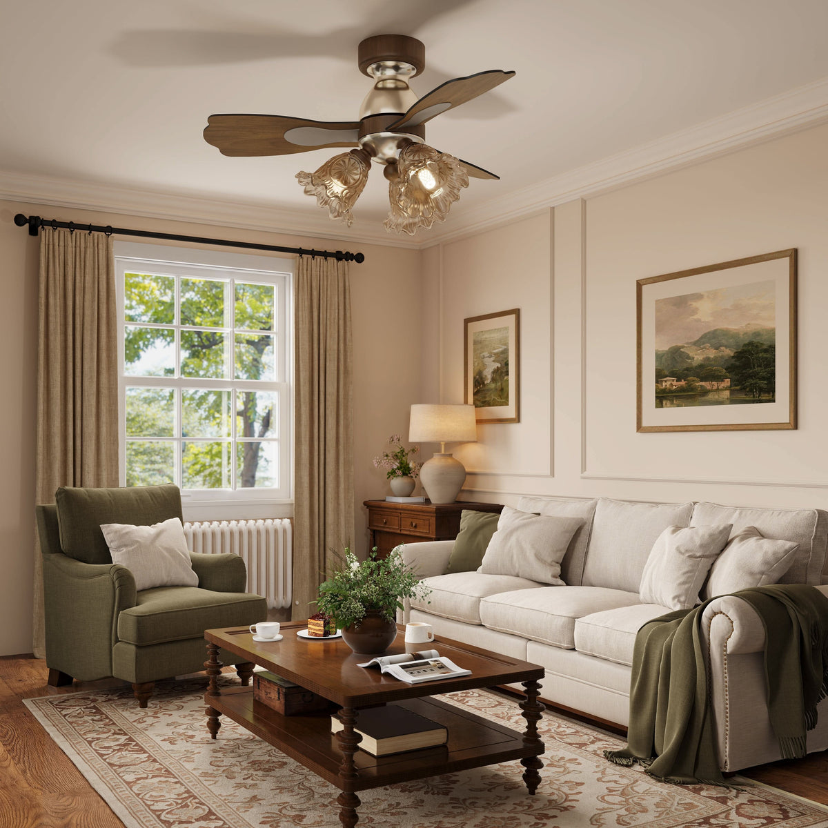 36 inch reversible ceiling fan with LED light with a compact motor and blade detail