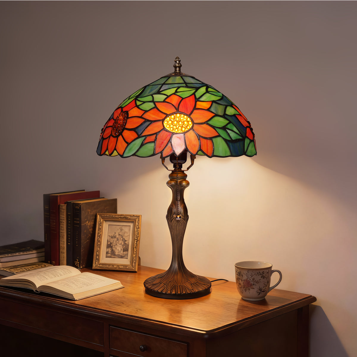 Tiffany Table Lamp | Handcrafted Stained Glass Floral Petals Series Green and Blue