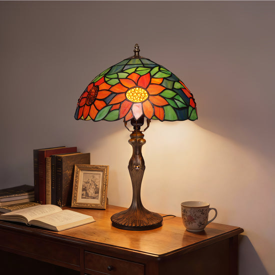 Tiffany Table Lamp | Handcrafted Stained Glass Floral Petals Series Green and Blue