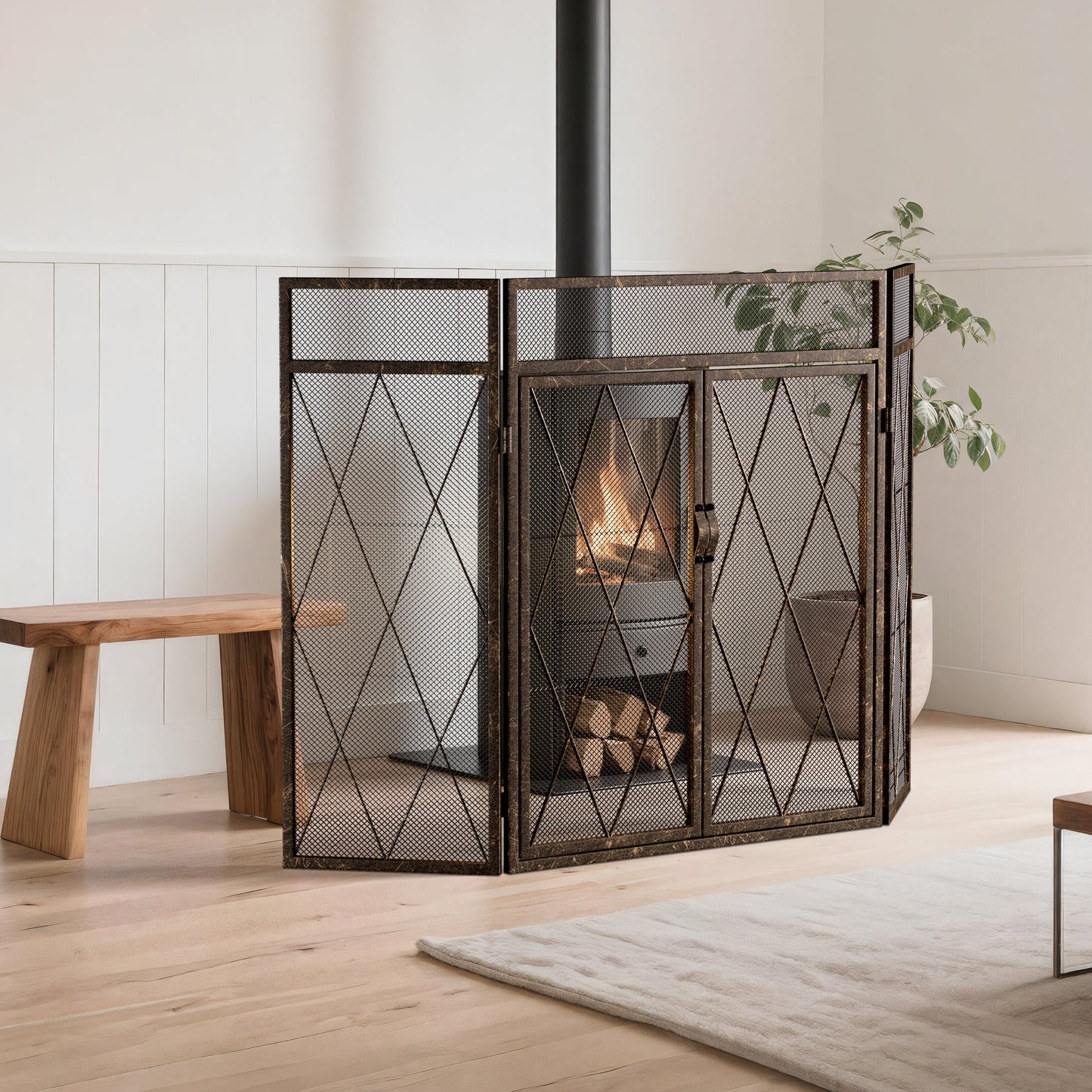 Triple-Fold Iron Fireplace Screen Antique Copper Powder Coated – 127x13x81cm