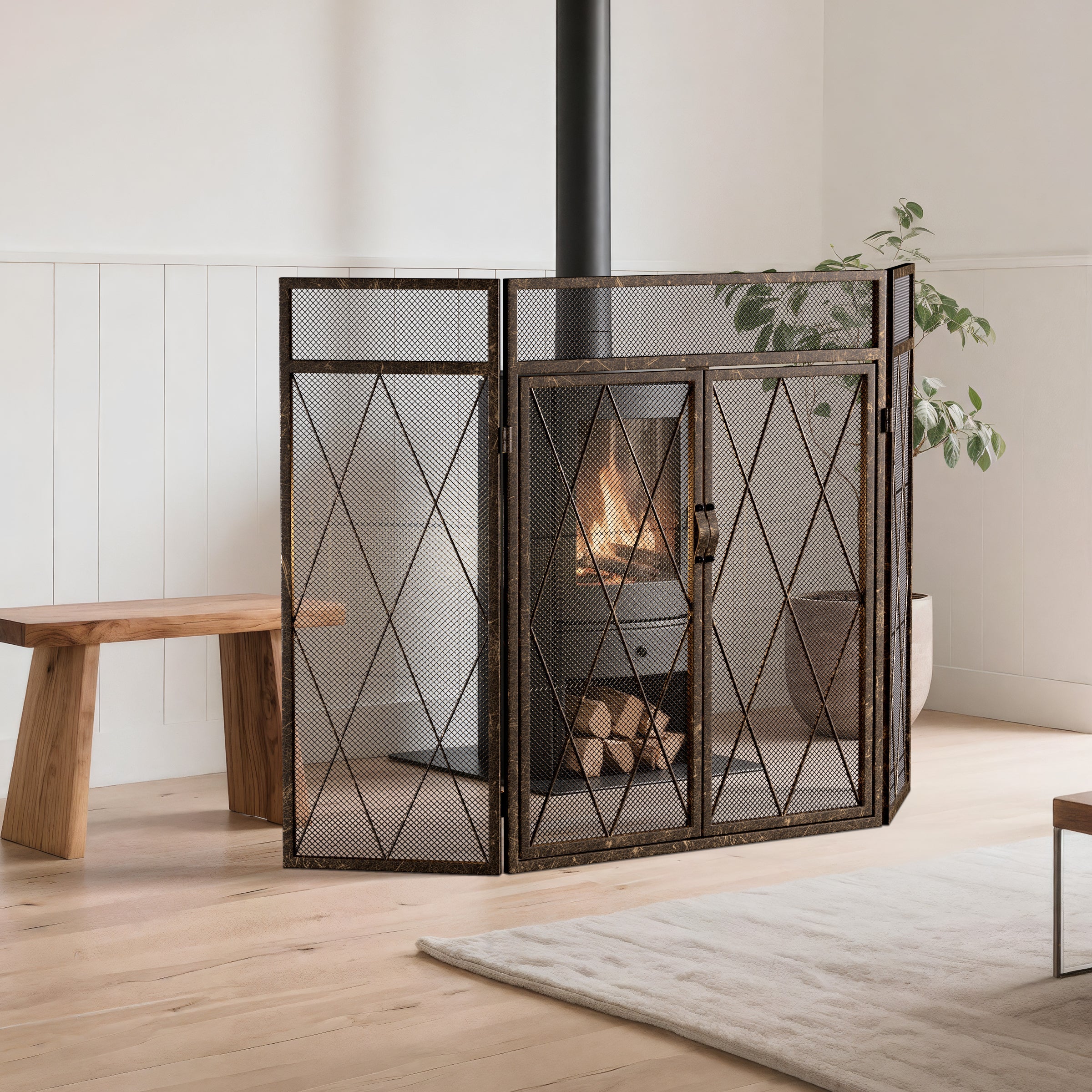 Triple-Fold Iron Fireplace Screen Antique Copper Powder Coated – 127x13x81cm