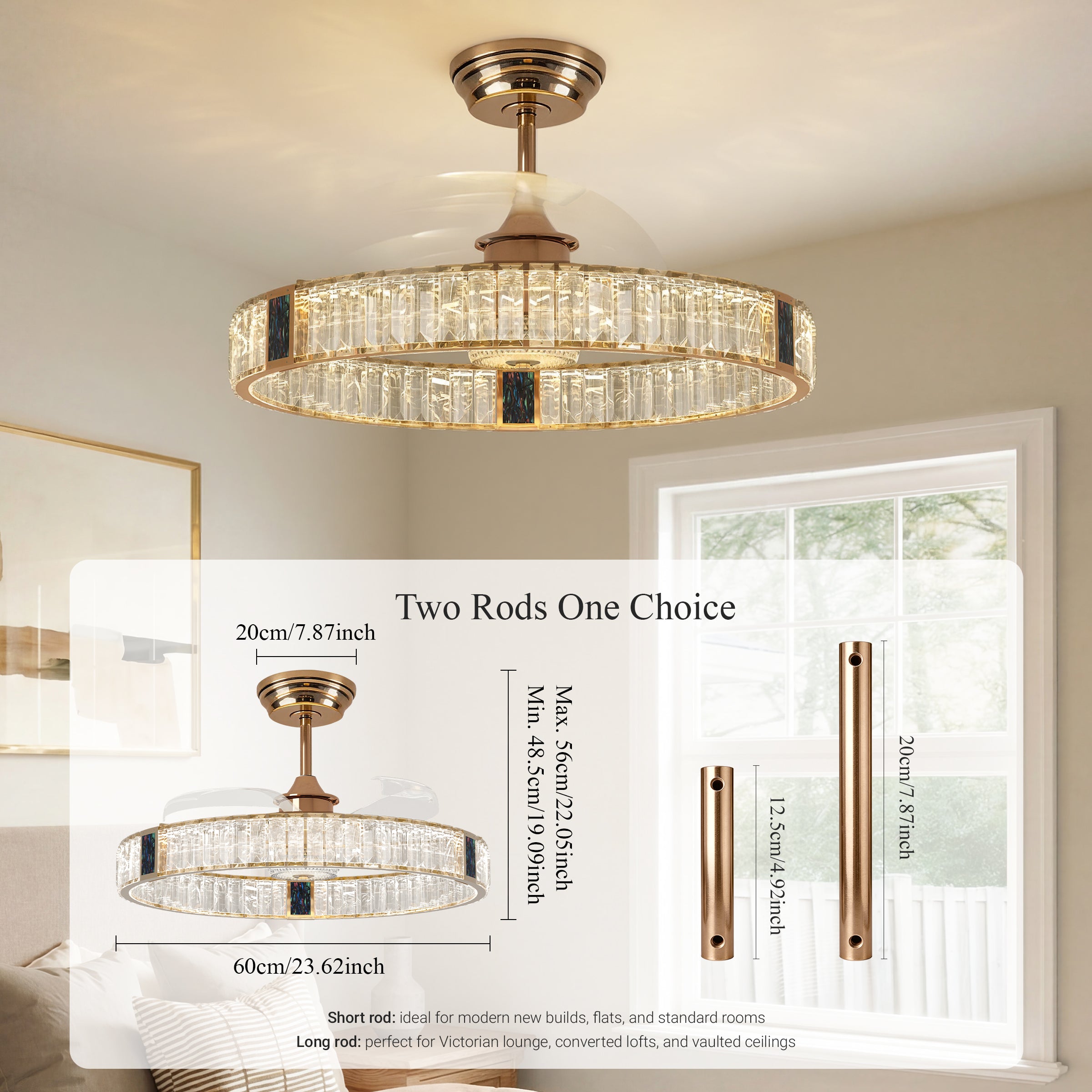 Remote control gold crystal ceiling fan light with timer and speed settings
