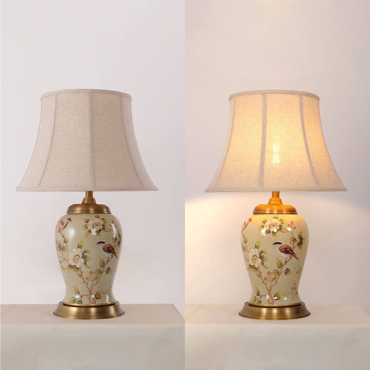 Vintage Camellia Ceramic Table Lamp with Copper Base and Fabric Shade Living Nest UK