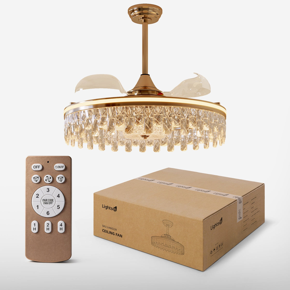 Gold crystal ceiling fan light with quiet airflow for bedrooms and lounges