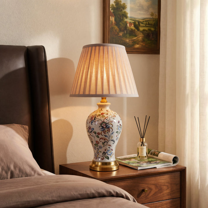 Chinoiserie Hand-Painted Porcelain Table Lamp with Pleated Linen Shade